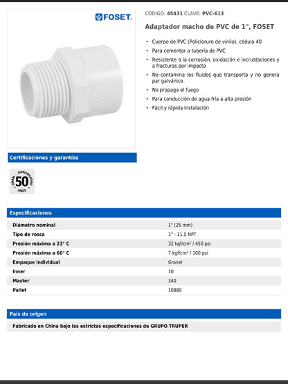 Adaptador macho de PVC cédula 40 de 1 pulgada con rosca NPT