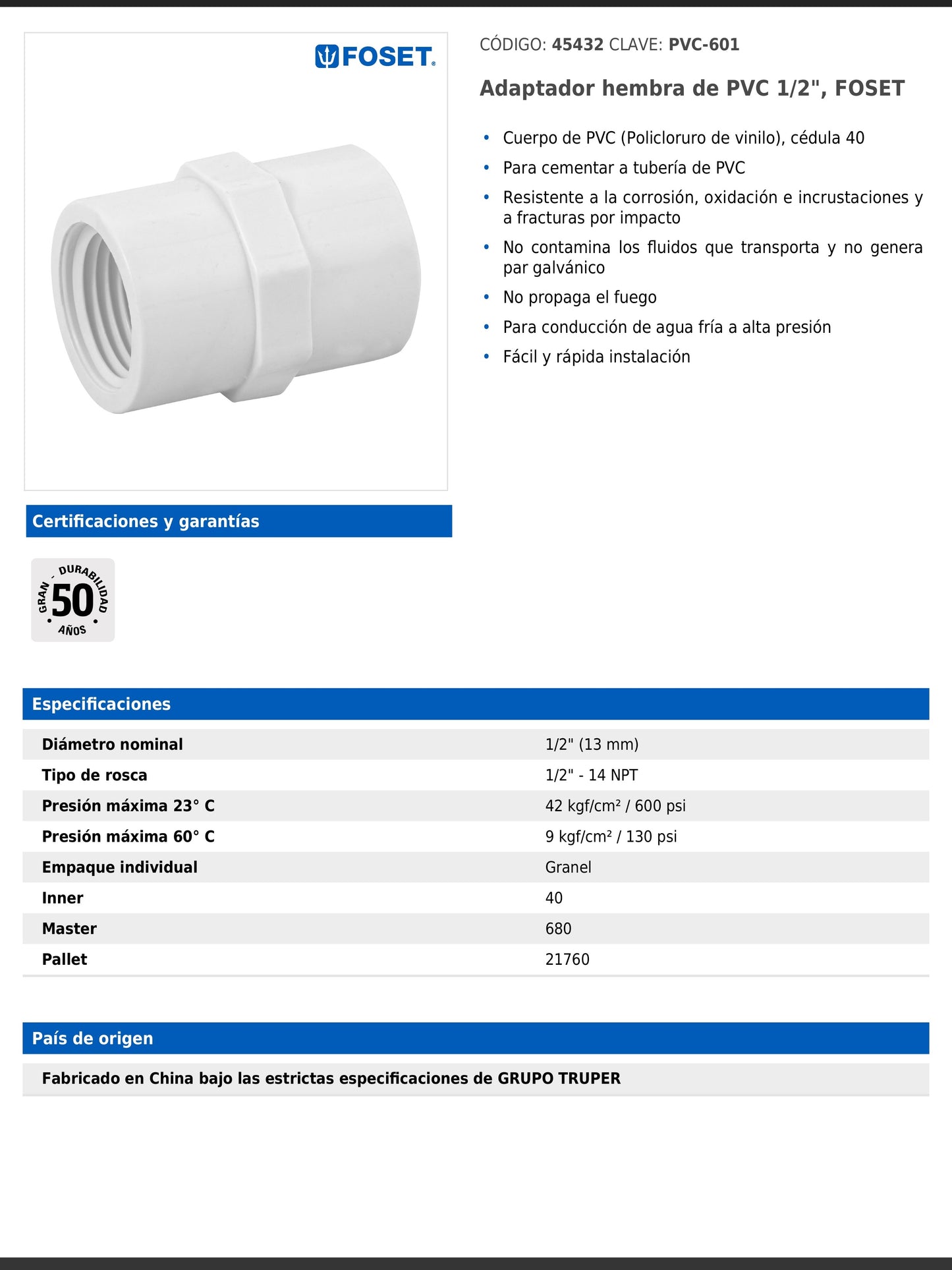 Adaptador hembra de PVC cédula 40 de 1/2 pulgada con rosca NPT