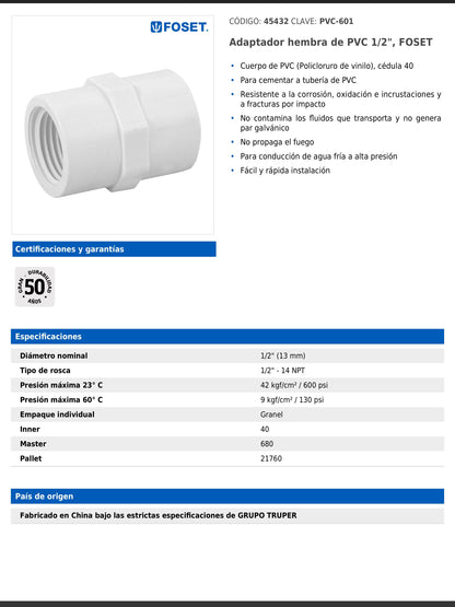 Adaptador hembra de PVC cédula 40 de 1/2 pulgada con rosca NPT