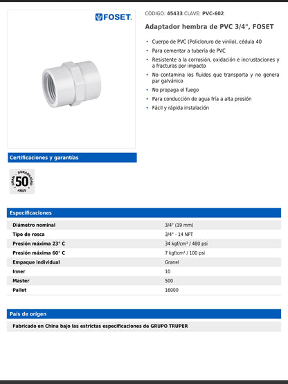 Adaptador hembra de PVC cédula 40 de 3/4 pulgada con rosca NPT