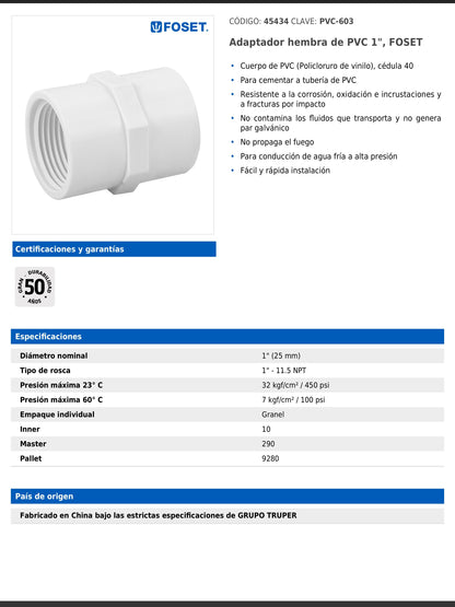 Adaptador hembra de PVC cédula 40 de 1 pulgada con rosca NPT