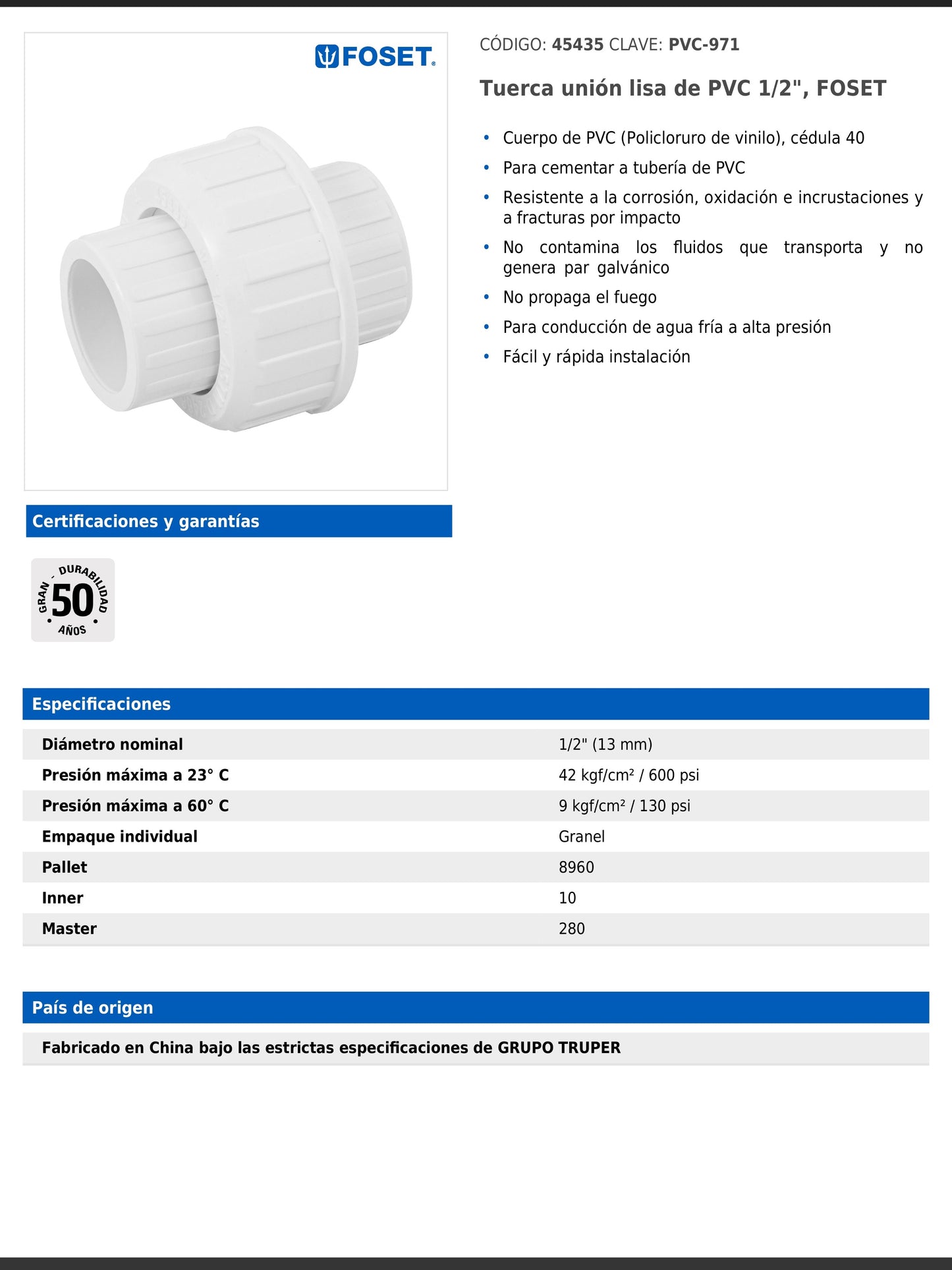 Tuerca unión lisa de PVC cédula 40 de 1/2 pulgada para tubería