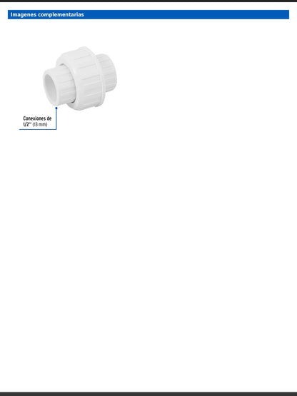 Tuerca unión lisa de PVC cédula 40 de 1/2 pulgada para tubería