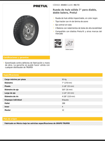 Rueda de hule sólido de 7" para diablo con doble balero