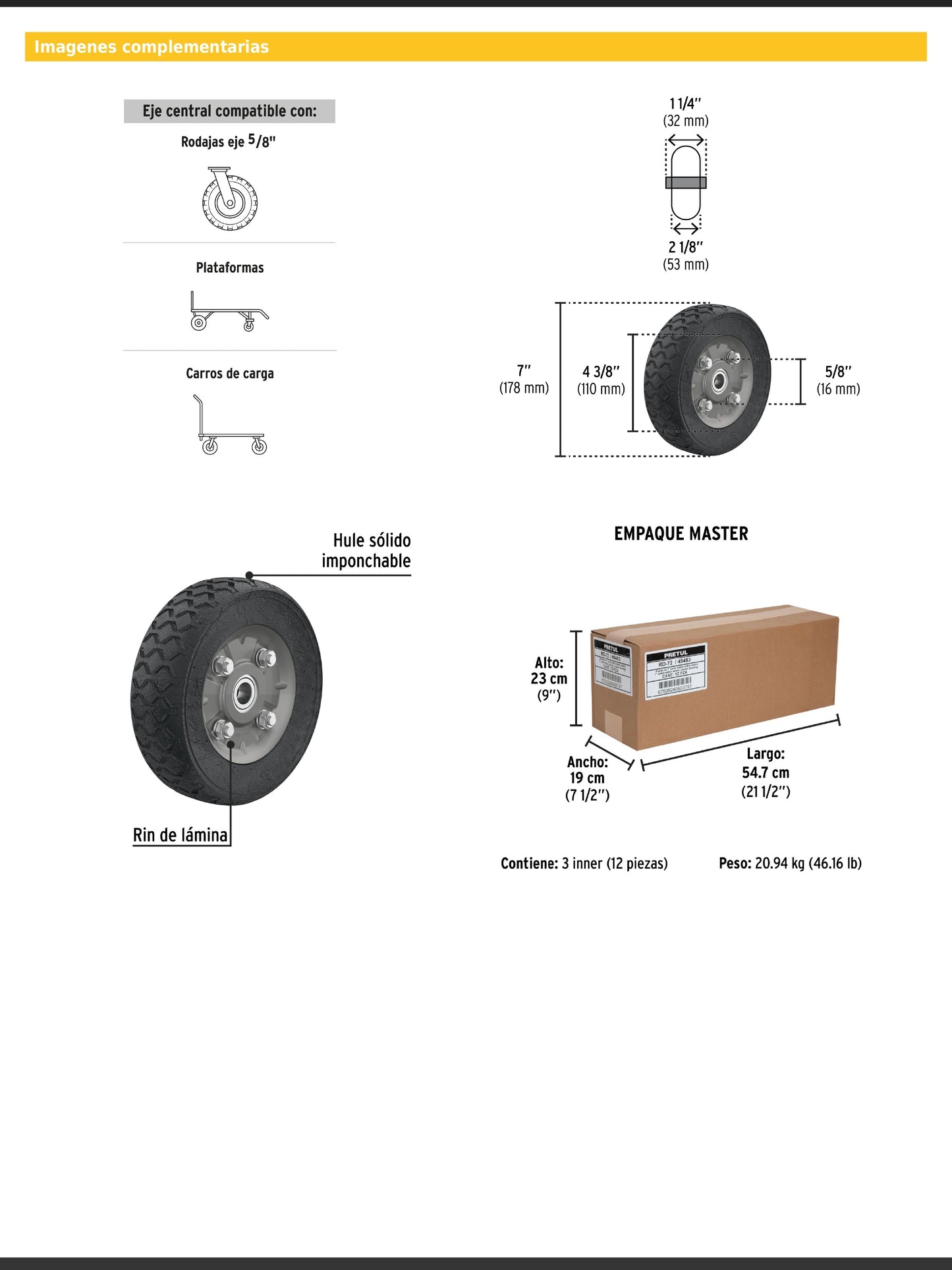 Rueda de hule sólido de 7" para diablo con doble balero