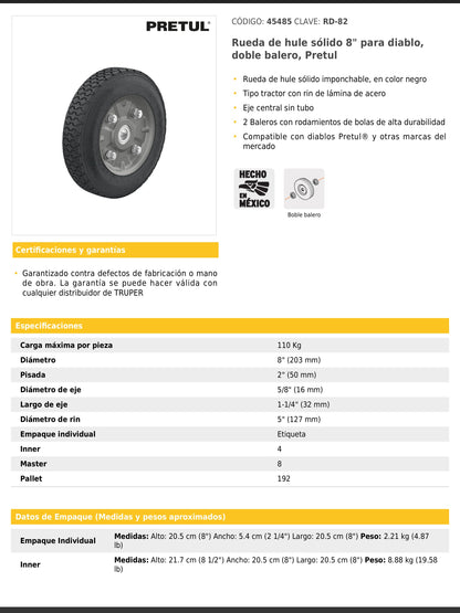 Rueda de hule sólido de 8" para diablo con doble balero
