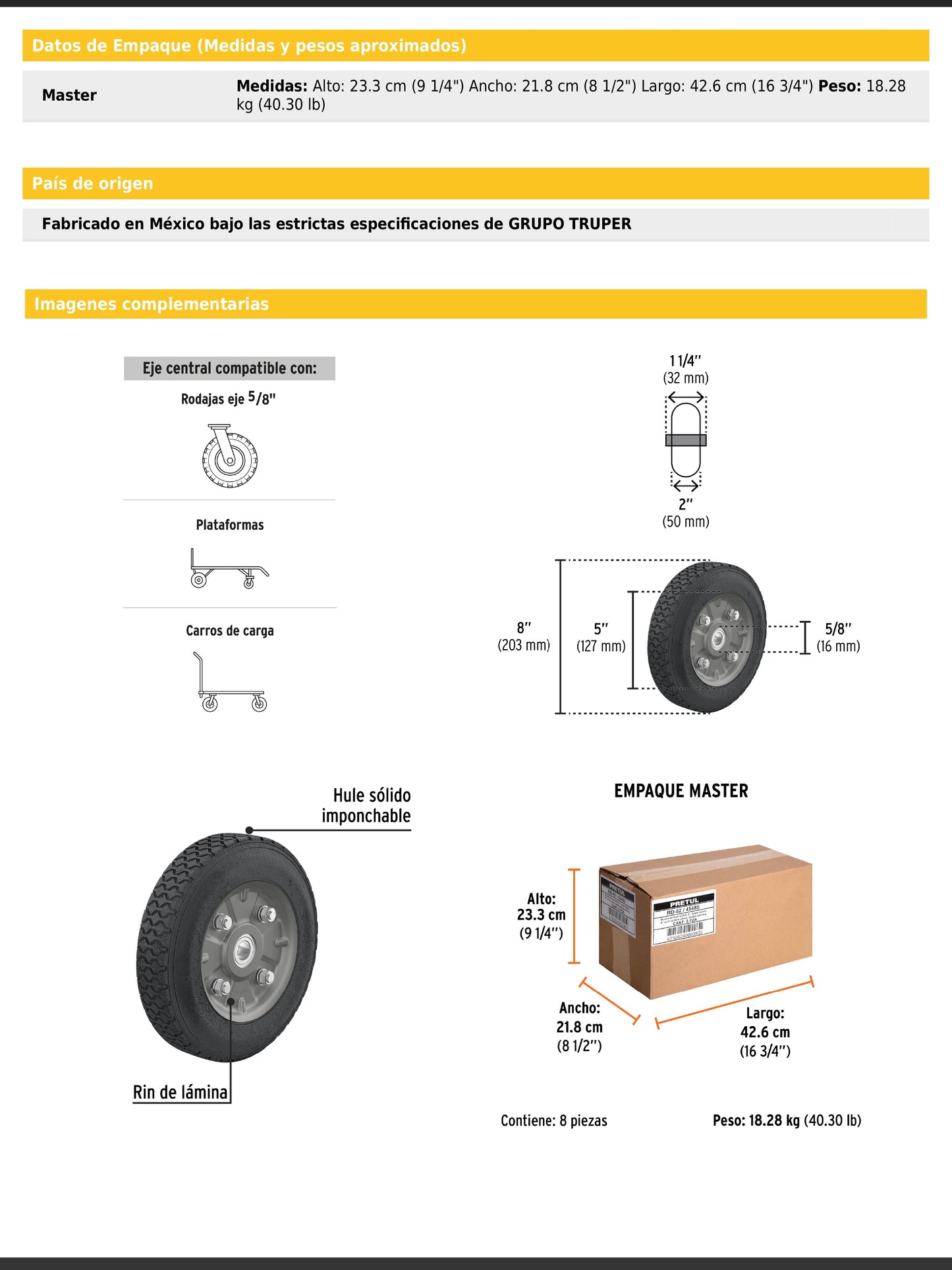 Rueda de hule sólido de 8" para diablo con doble balero