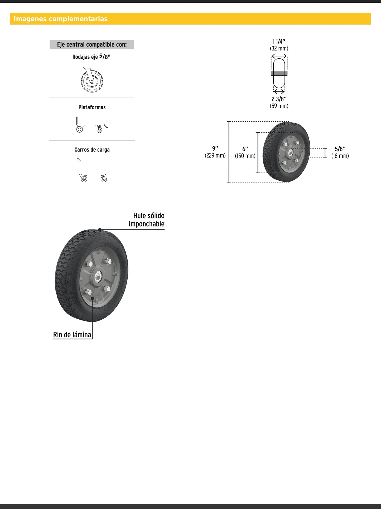 Rueda de hule sólido de 9" para diablo con doble balero
