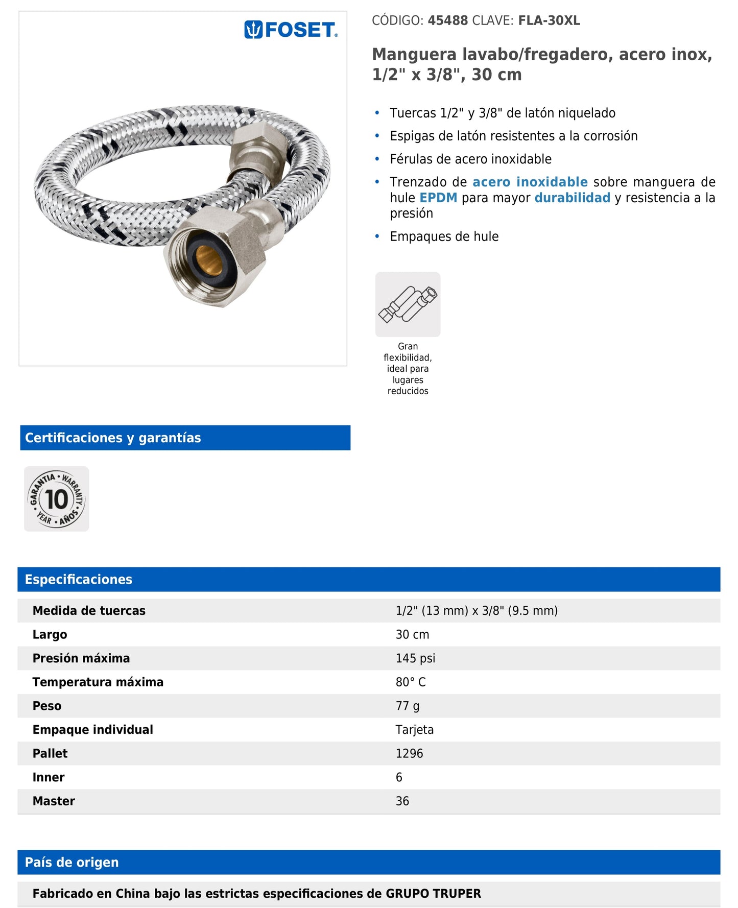 Manguera para lavabo o fregadero de 30 cm con trenzado de acero inoxidable y tuercas metálicas