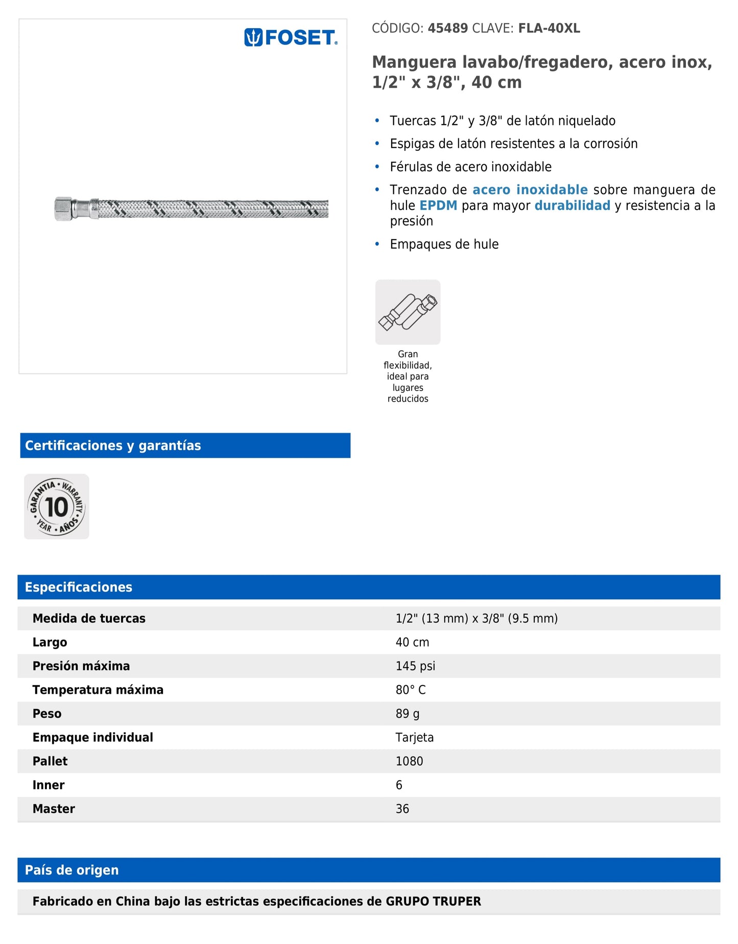 Manguera para lavabo o fregadero de 40 cm con trenzado de acero inoxidable y tuercas metálicas