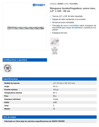 Manguera para lavabo o fregadero de 40 cm con trenzado de acero inoxidable y tuercas metálicas