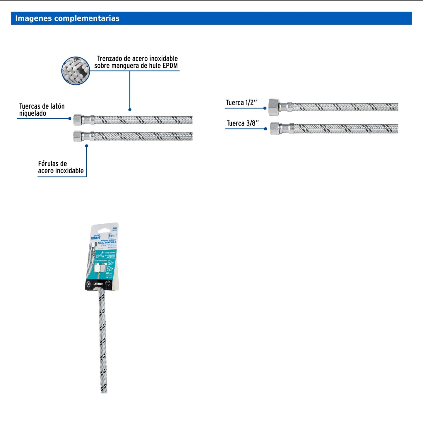 Manguera para lavabo o fregadero de 40 cm con trenzado de acero inoxidable y tuercas metálicas