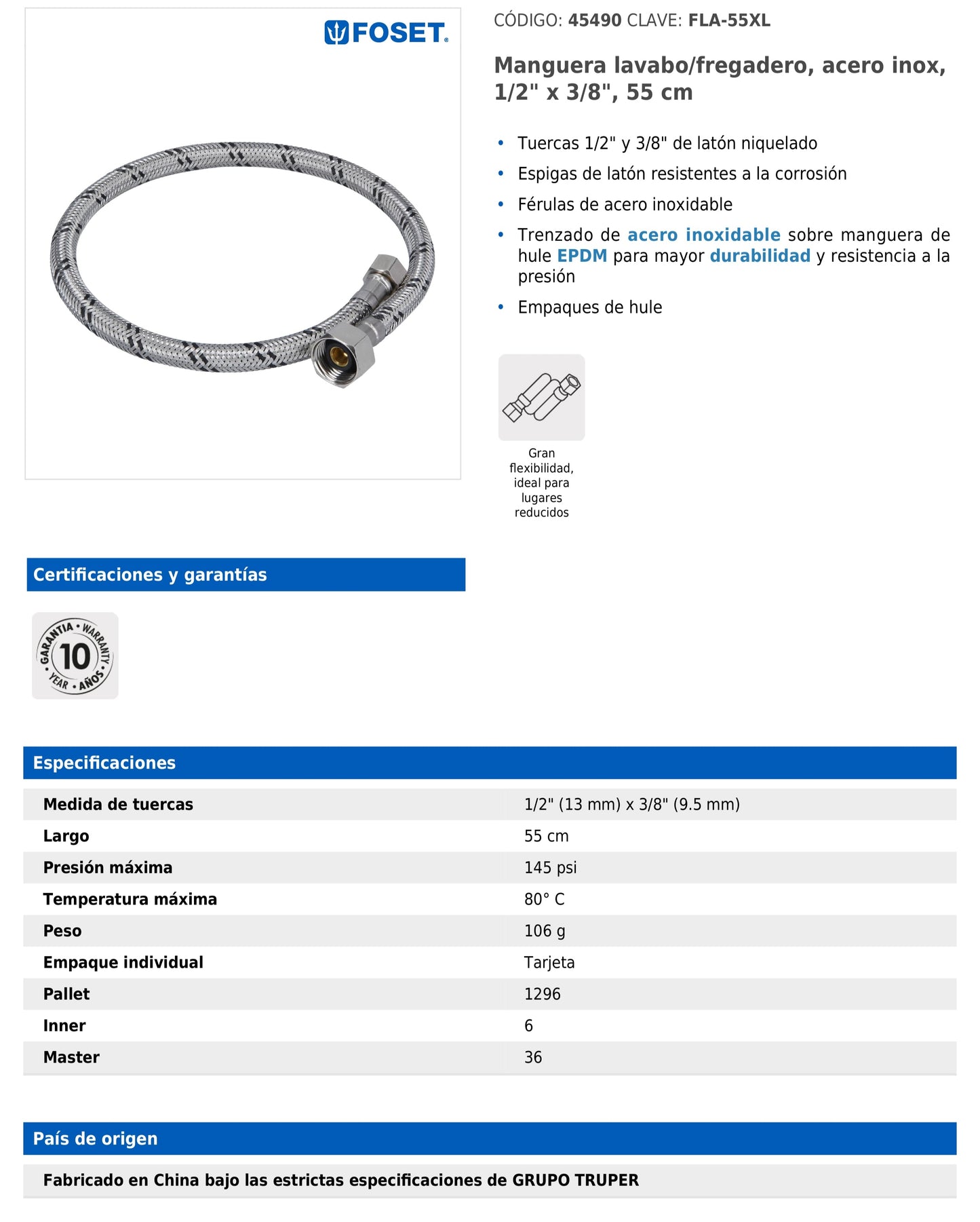 Manguera para lavabo o fregadero de 55 cm con trenzado de acero inoxidable y tuercas metálicas