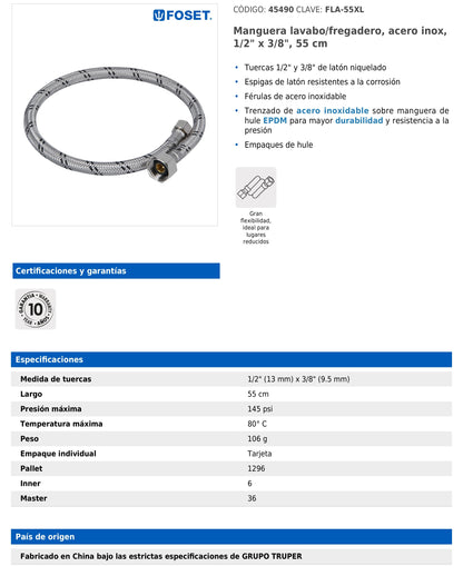 Manguera para lavabo o fregadero de 55 cm con trenzado de acero inoxidable y tuercas metálicas
