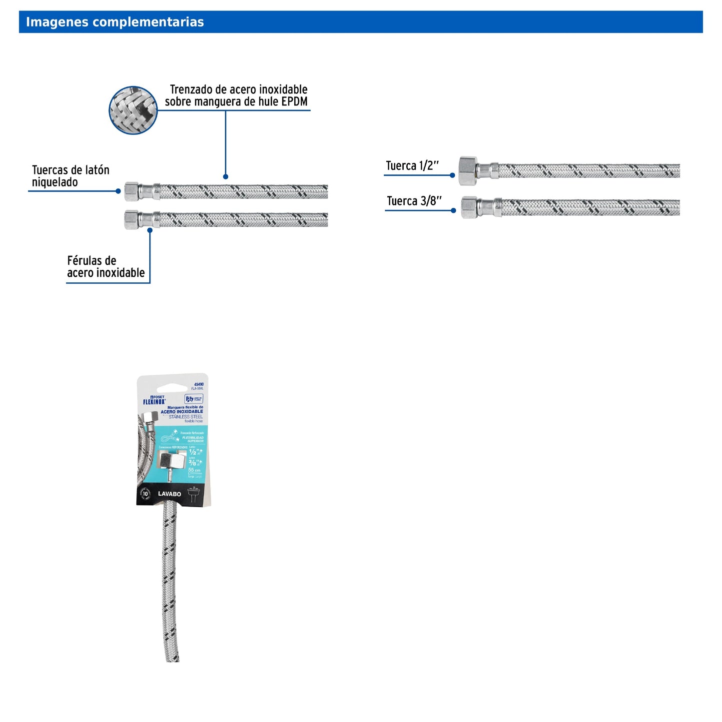 Manguera para lavabo o fregadero de 55 cm con trenzado de acero inoxidable y tuercas metálicas