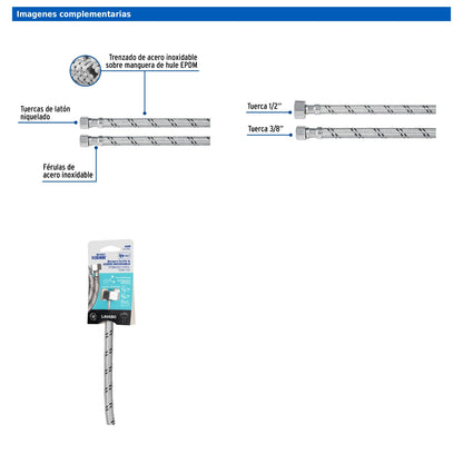 Manguera para lavabo o fregadero de 55 cm con trenzado de acero inoxidable y tuercas metálicas