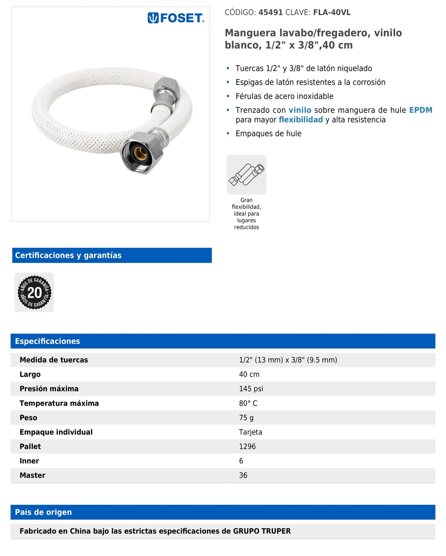 Manguera para lavabo o fregadero de 40 cm con vinilo blanco trenzado y tuercas metálicas