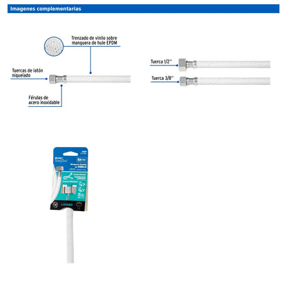 Manguera para lavabo o fregadero de 40 cm con vinilo blanco trenzado y tuercas metálicas