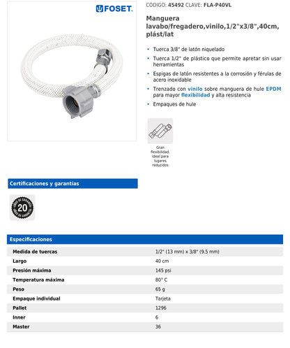 Manguera para lavabo o fregadero de 40 cm con vinilo trenzado y tuerca plástica