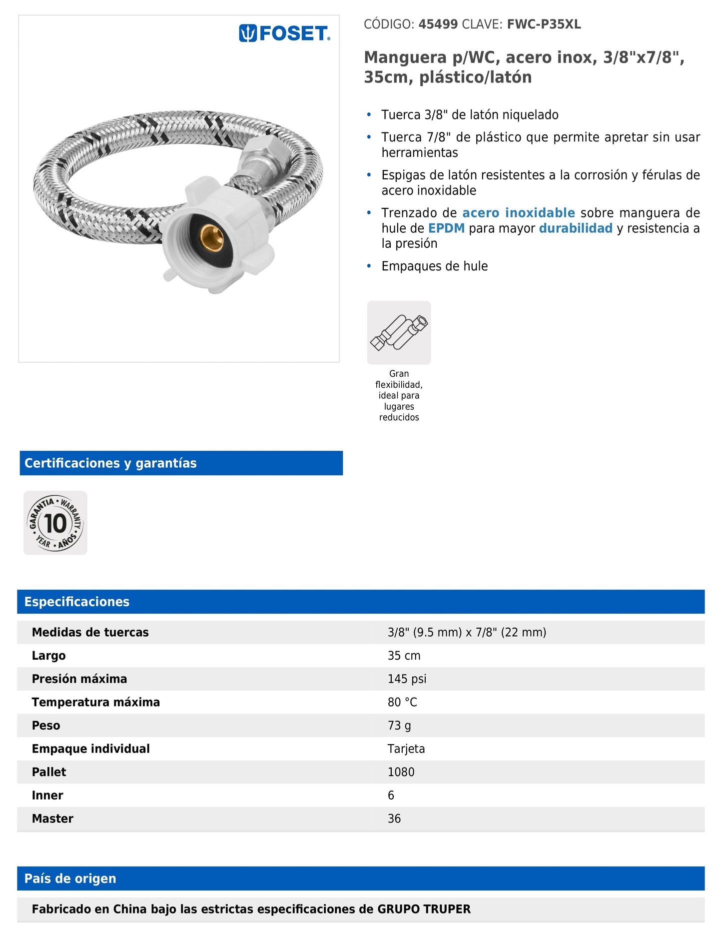 Manguera para WC de 35 cm con trenzado de acero inoxidable y tuerca plástica