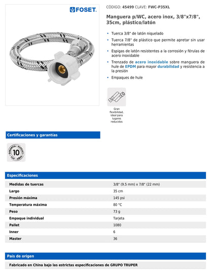 Manguera para WC de 35 cm con trenzado de acero inoxidable y tuerca plástica