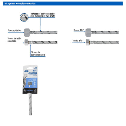 Manguera para WC de 35 cm con trenzado de acero inoxidable y tuerca plástica