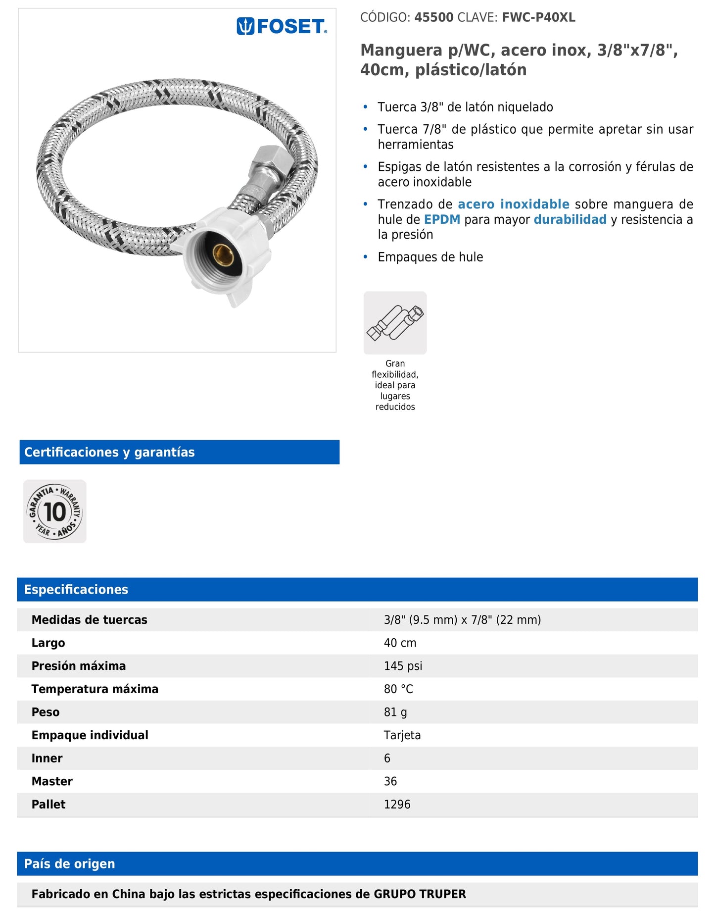 Manguera para WC de 40 cm con trenzado de acero inoxidable y tuerca plástica