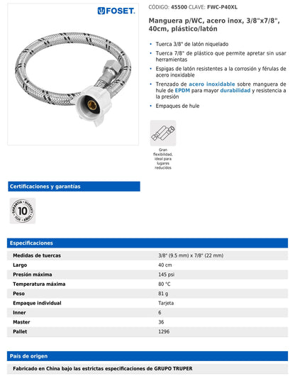 Manguera para WC de 40 cm con trenzado de acero inoxidable y tuerca plástica