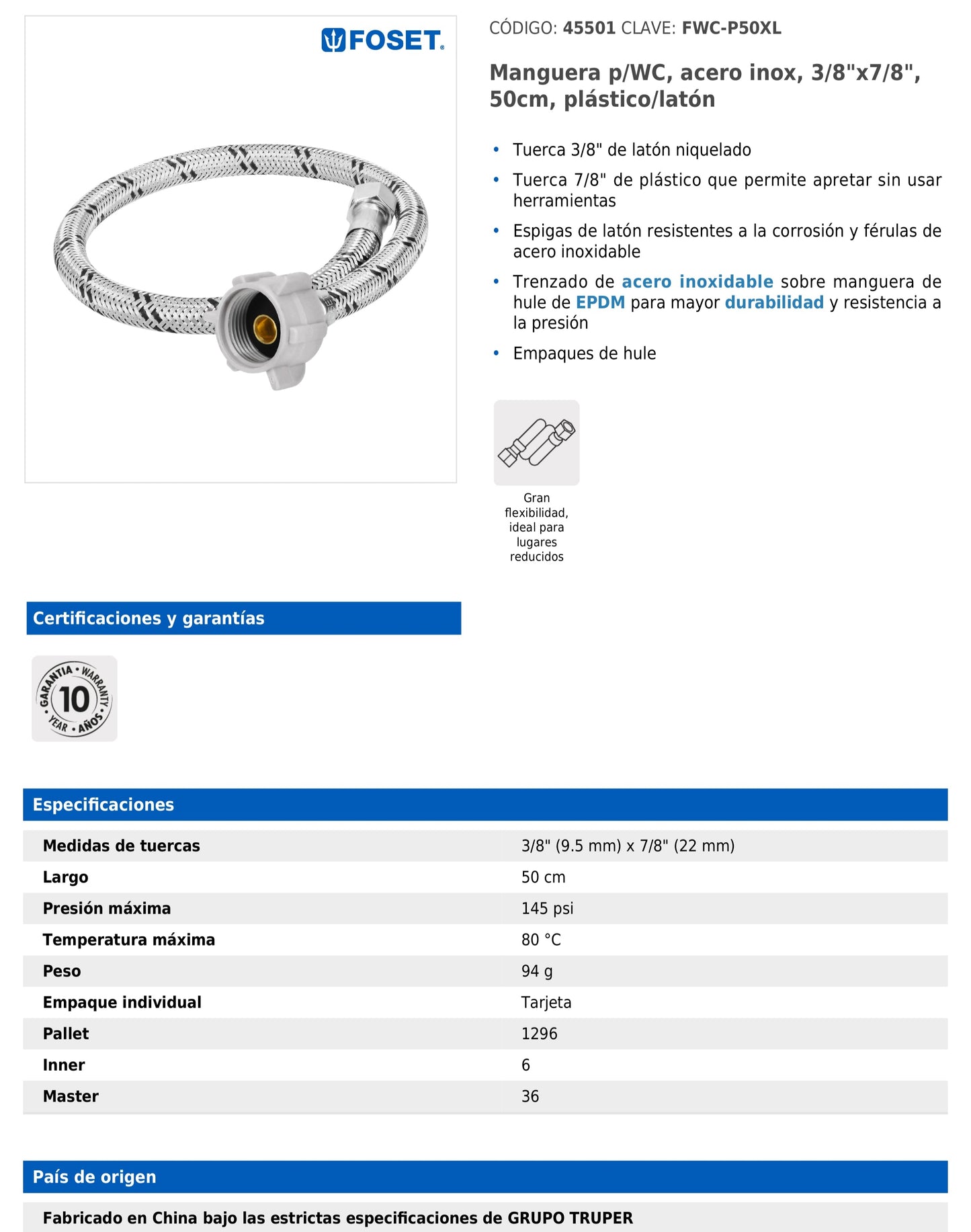 Manguera para WC de 50 cm con trenzado de acero inoxidable y tuerca plástica