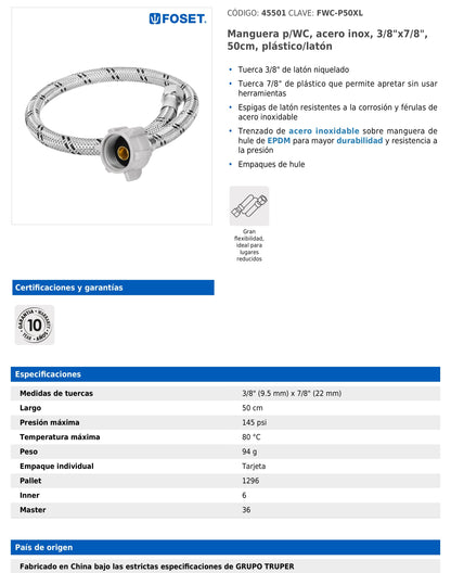 Manguera para WC de 50 cm con trenzado de acero inoxidable y tuerca plástica