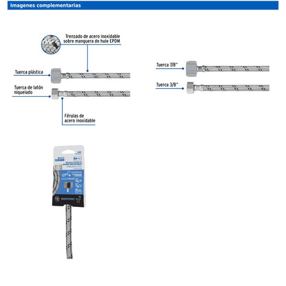 Manguera para WC de 50 cm con trenzado de acero inoxidable y tuerca plástica