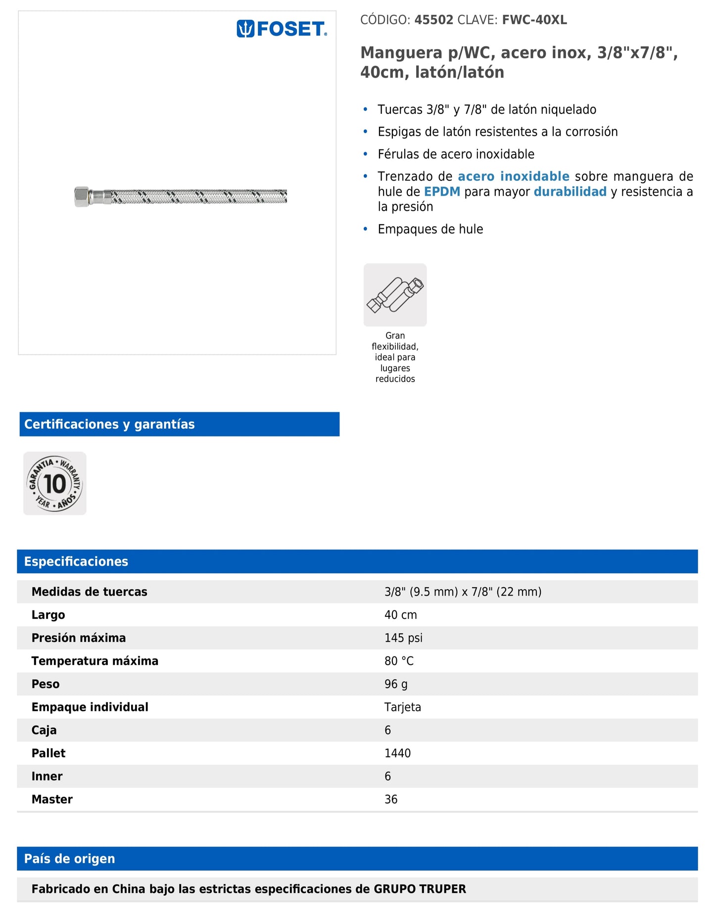 Manguera para WC de 40 cm con trenzado de acero inoxidable y tuercas metálicas