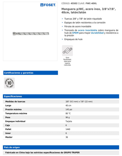 Manguera para WC de 40 cm con trenzado de acero inoxidable y tuercas metálicas
