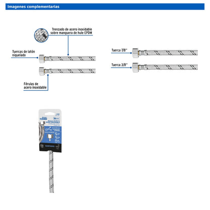 Manguera para WC de 40 cm con trenzado de acero inoxidable y tuercas metálicas