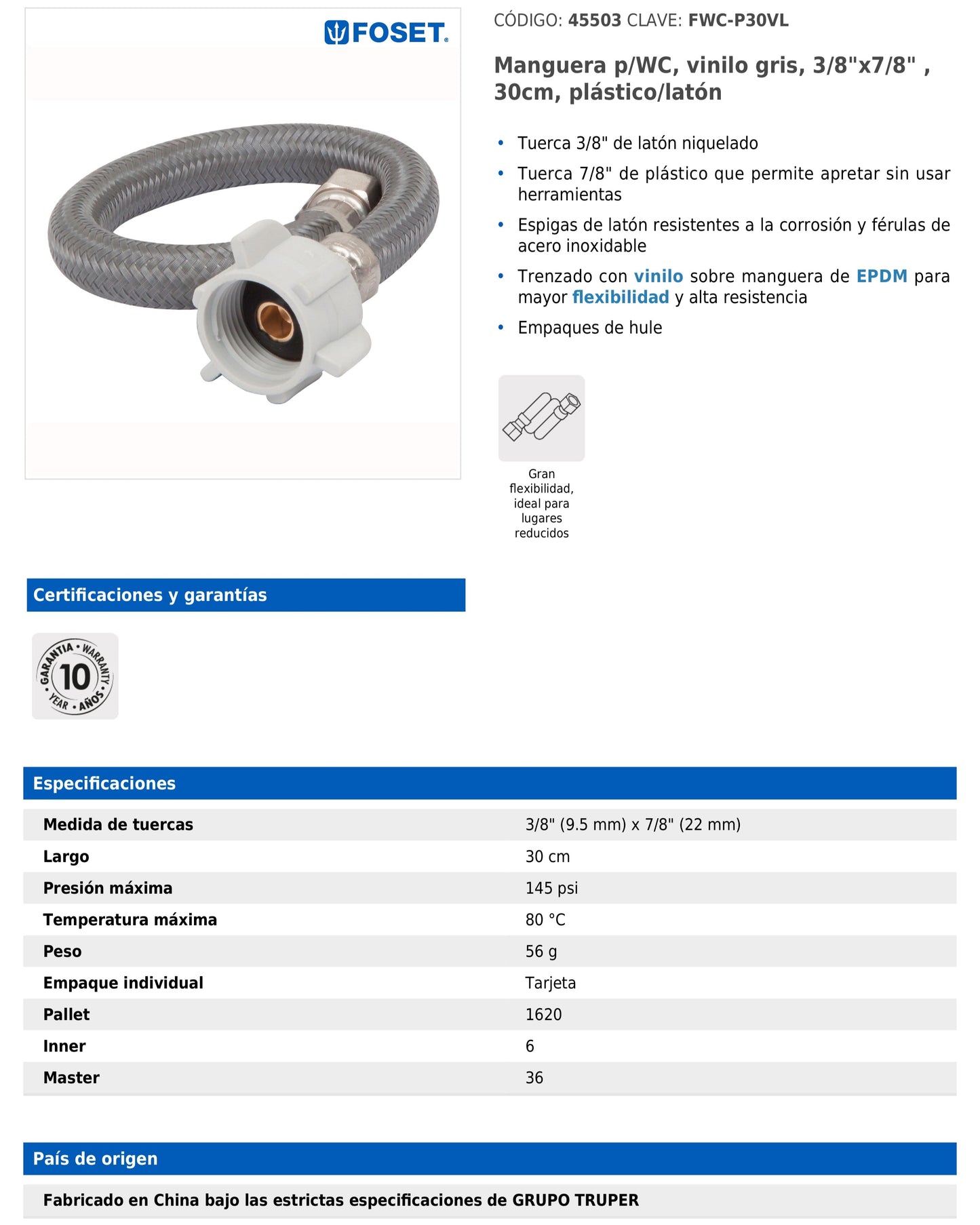 Manguera para WC de 30 cm con trenzado de vinilo gris y tuerca plástica