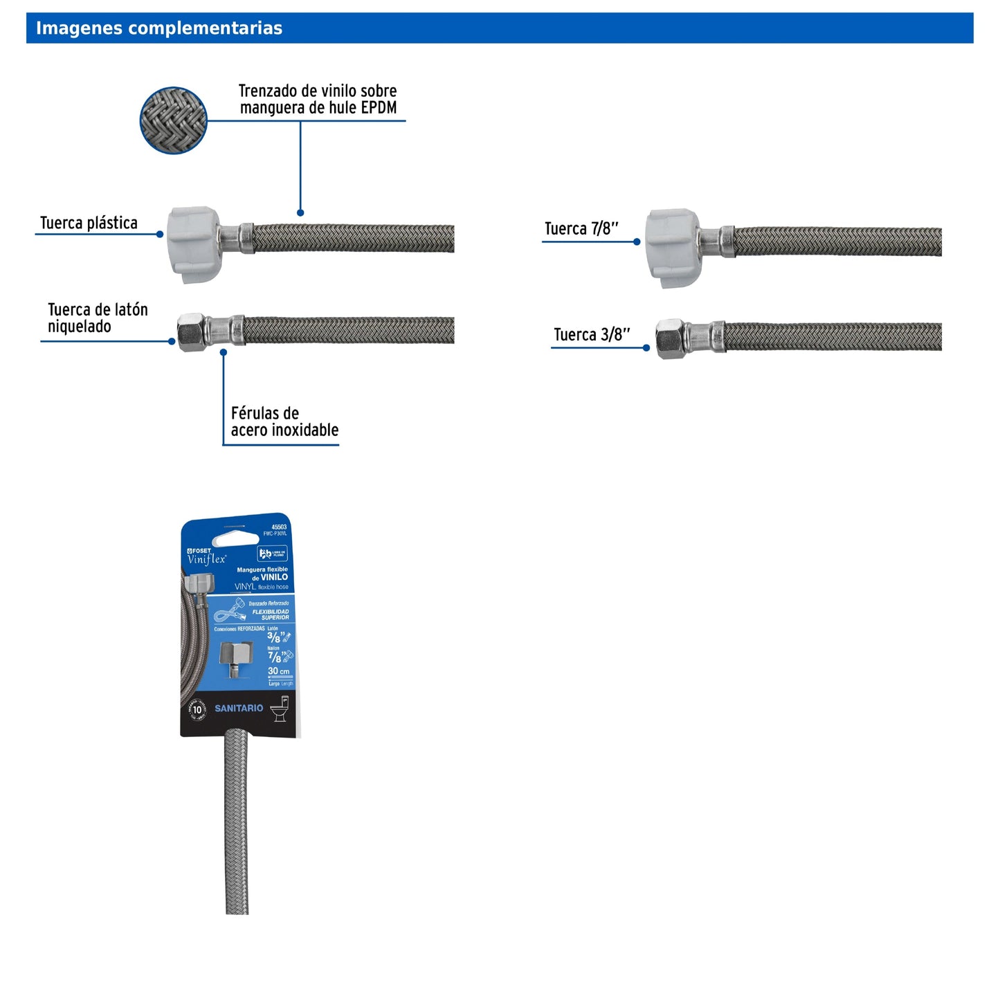 Manguera para WC de 30 cm con trenzado de vinilo gris y tuerca plástica