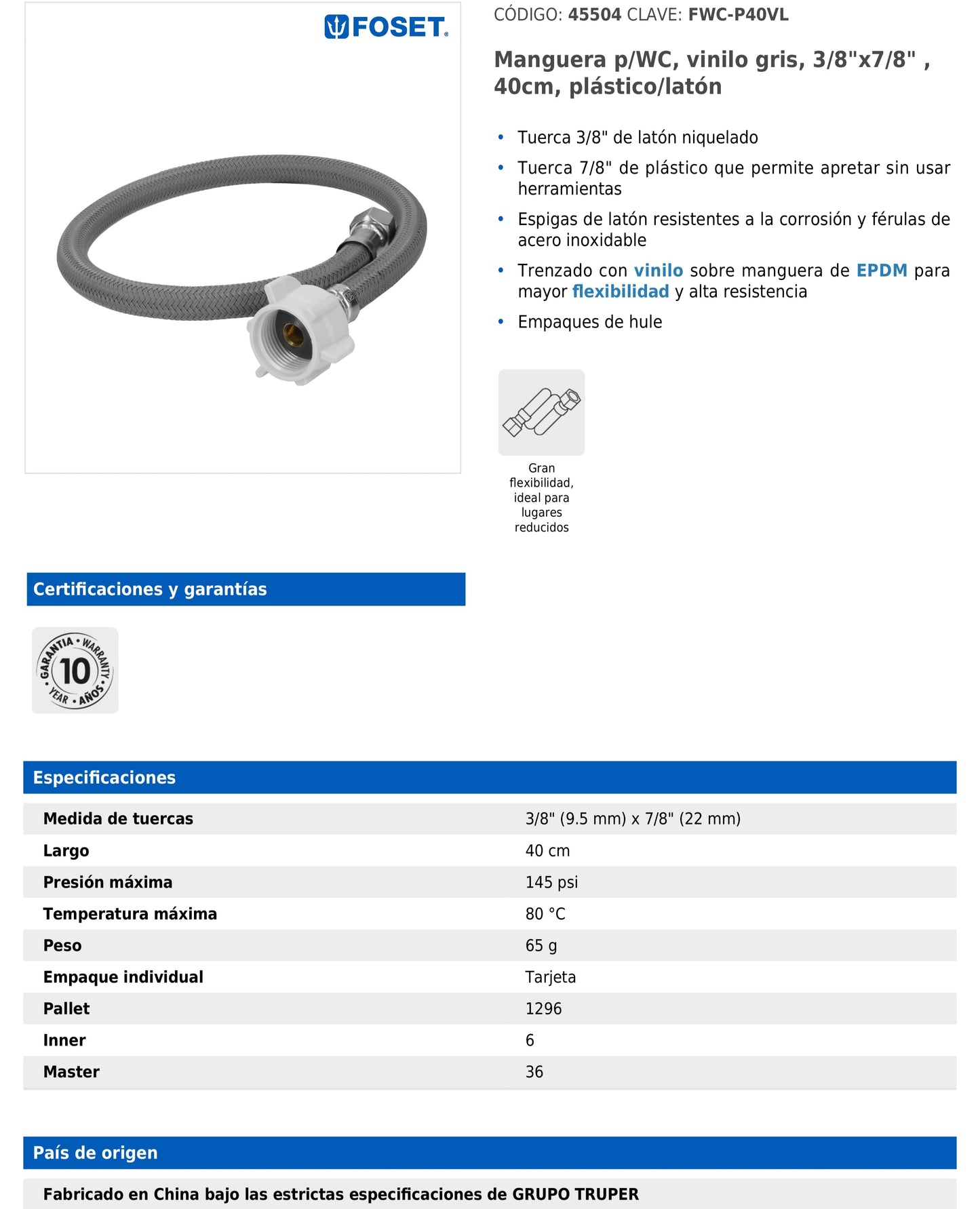 Manguera para WC de 40 cm con trenzado de vinilo gris y tuerca plástica