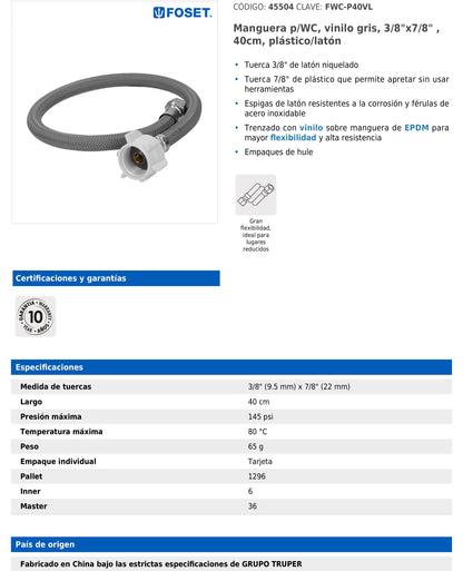 Manguera para WC de 40 cm con trenzado de vinilo gris y tuerca plástica
