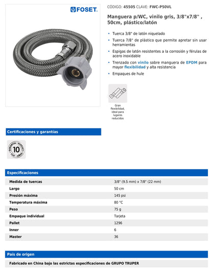 Manguera para WC de 50 cm con trenzado de vinilo gris y tuerca plástica