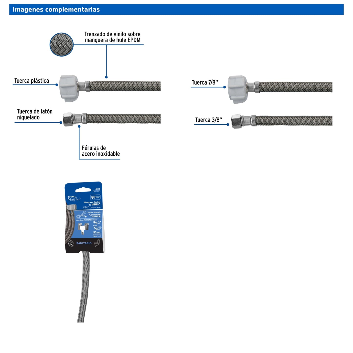 Manguera para WC de 50 cm con trenzado de vinilo gris y tuerca plástica