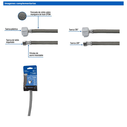 Manguera para WC de 50 cm con trenzado de vinilo gris y tuerca plástica