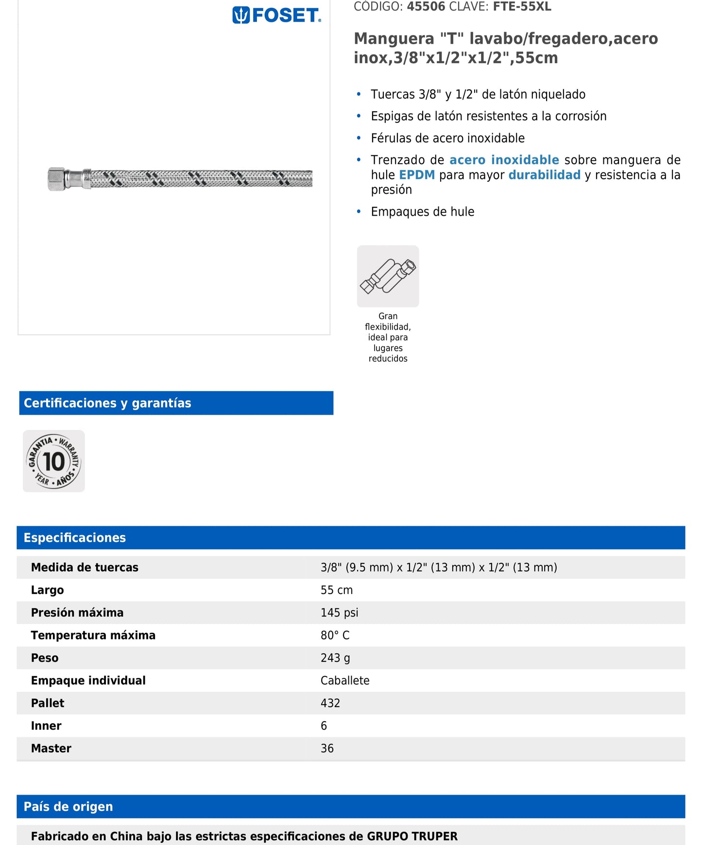 Manguera tipo T para lavabo o fregadero de 55 cm con trenzado de acero inoxidable