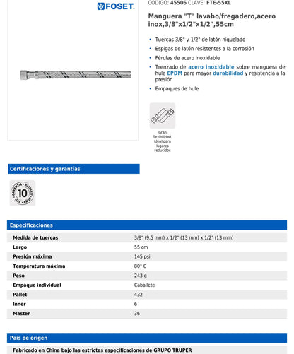 Manguera tipo T para lavabo o fregadero de 55 cm con trenzado de acero inoxidable
