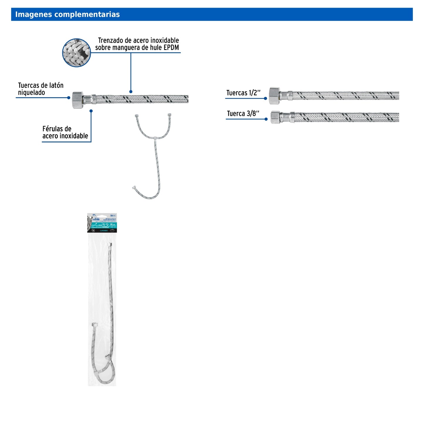 Manguera tipo T para lavabo o fregadero de 55 cm con trenzado de acero inoxidable