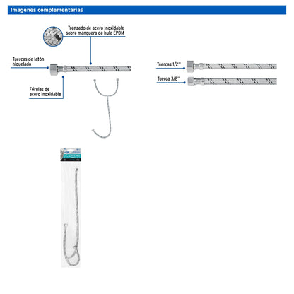 Manguera tipo T para lavabo o fregadero de 55 cm con trenzado de acero inoxidable