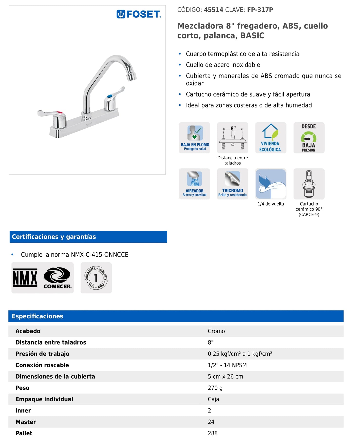Mezcladora de 8" para fregadero con cuello corto y manerales tipo palanca