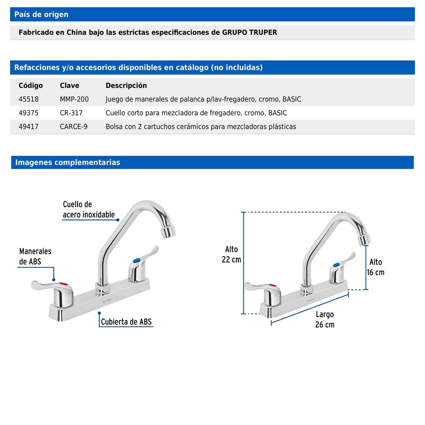 Mezcladora de 8" para fregadero con cuello corto y manerales tipo palanca