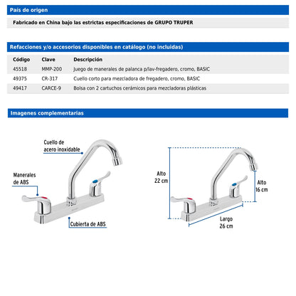 Mezcladora de 8" para fregadero con cuello corto y manerales tipo palanca