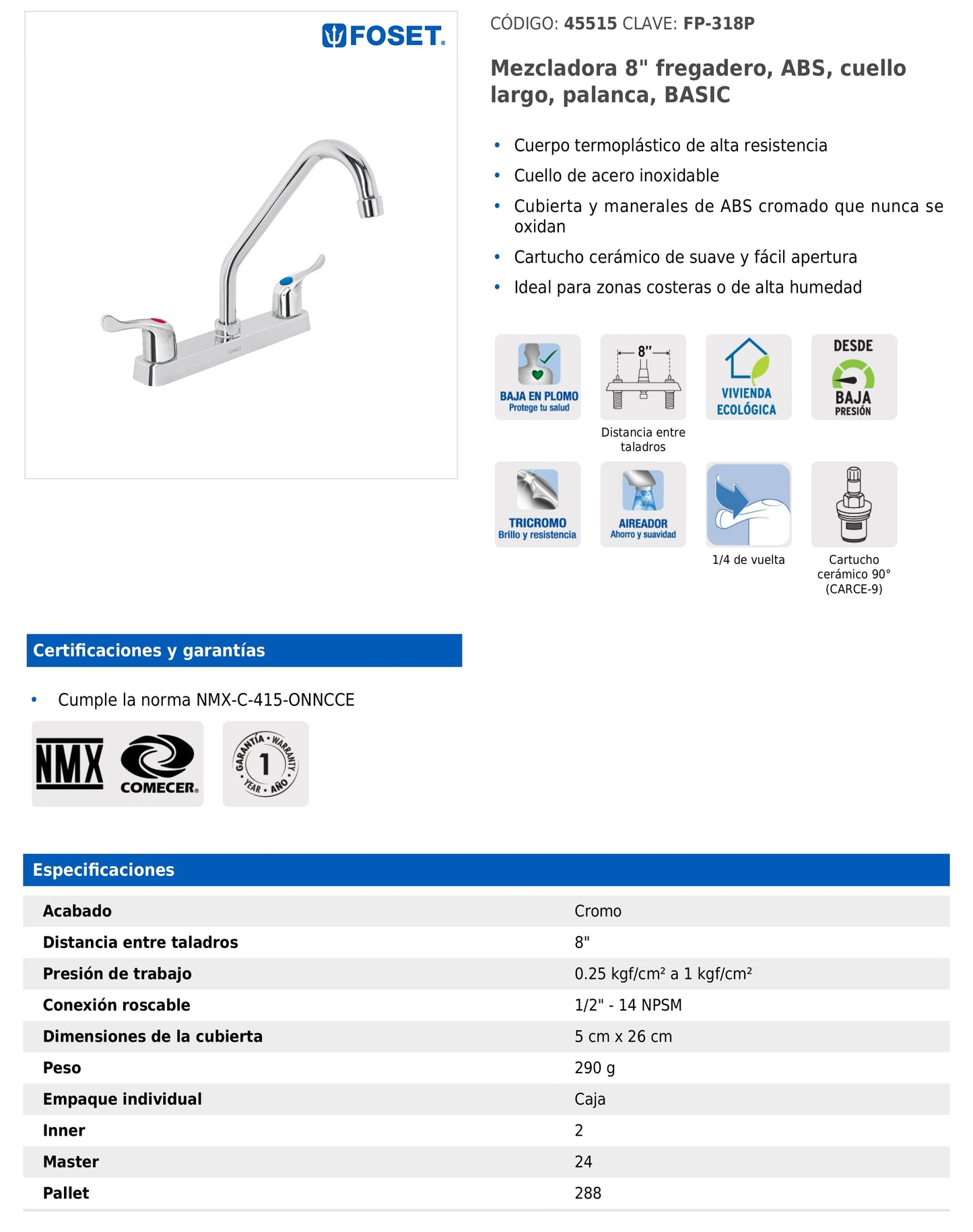 Mezcladora de 8" para fregadero con cuello largo y manerales tipo palanca