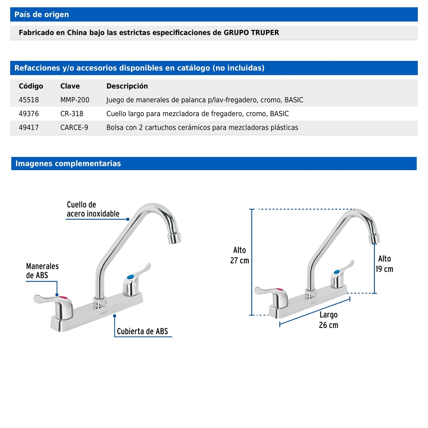 Mezcladora de 8" para fregadero con cuello largo y manerales tipo palanca